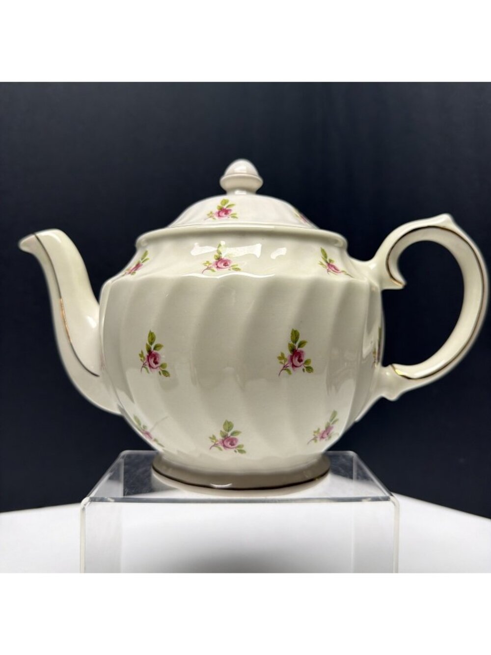 Windsor Vintage Bone China Swirl & Pink Roses Teapot Made In England, See Photos